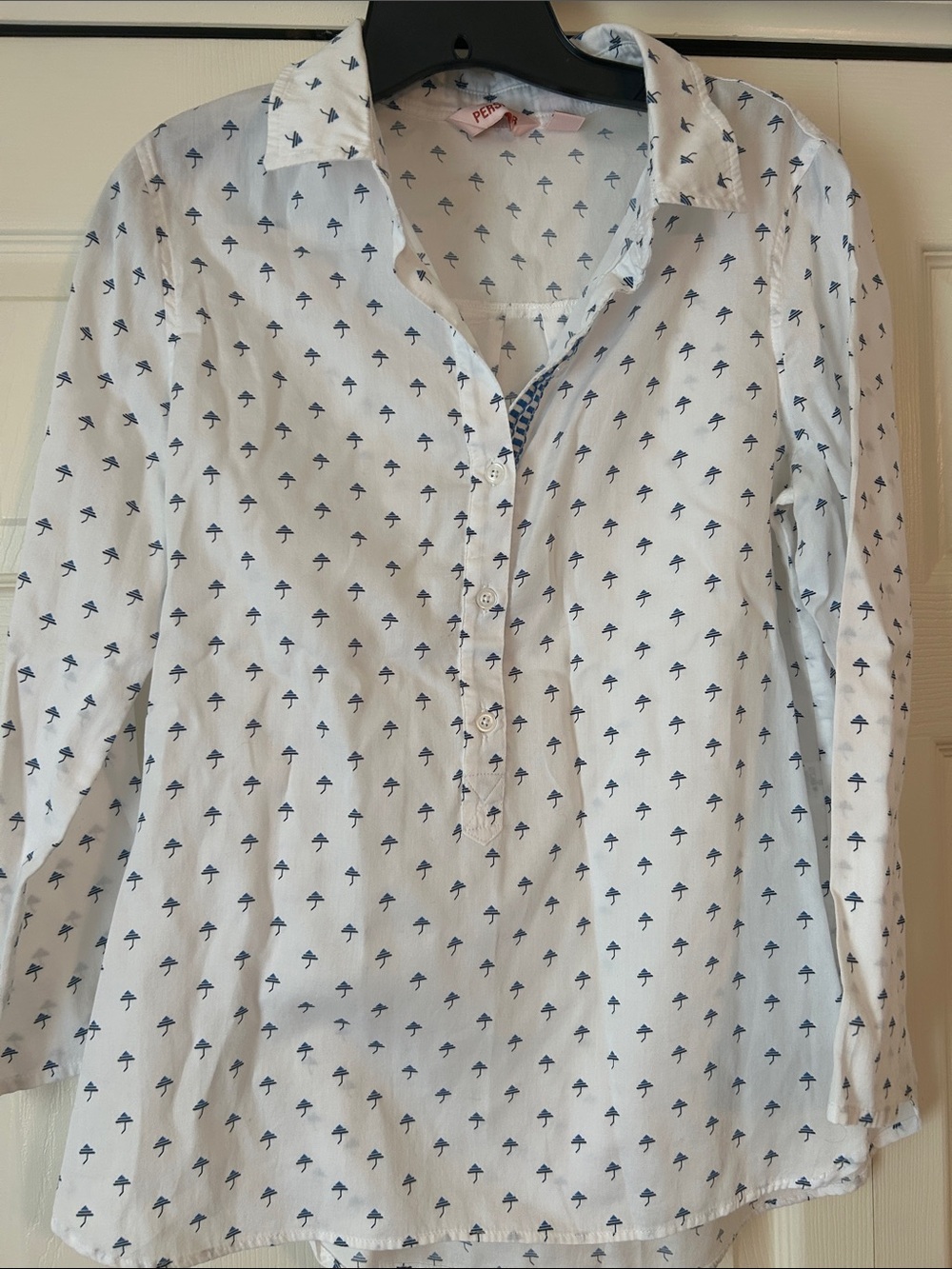 Persifor size L White Button-Front Blouse with Navy Micro-Print Umbrellas